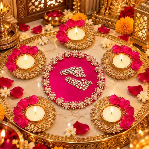 Brass Floral Rangoli with Diyas & Charan Paduka | Diwali Home Decor