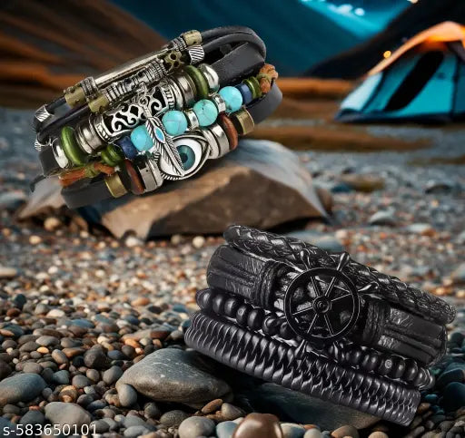 Shiva’s Jewels – Beautiful, Elegant, Stylish Couple’s Bracelet Set – Black Leather Men’s Bracelet & Colorful Beaded Women’s Bracelet with Evil Eye Charm – Fashion Jewelry for Couples
