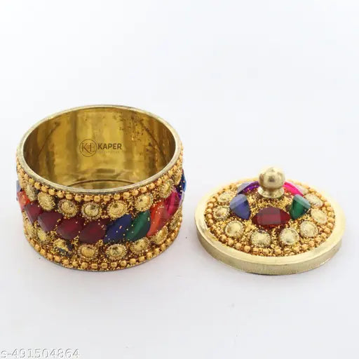 KAPER Sindoor Box with Stick Brass Handmade Kumkum sindoor ki dibbi or Brass dani Puja Articles for Gift (2" x 2" x 2")