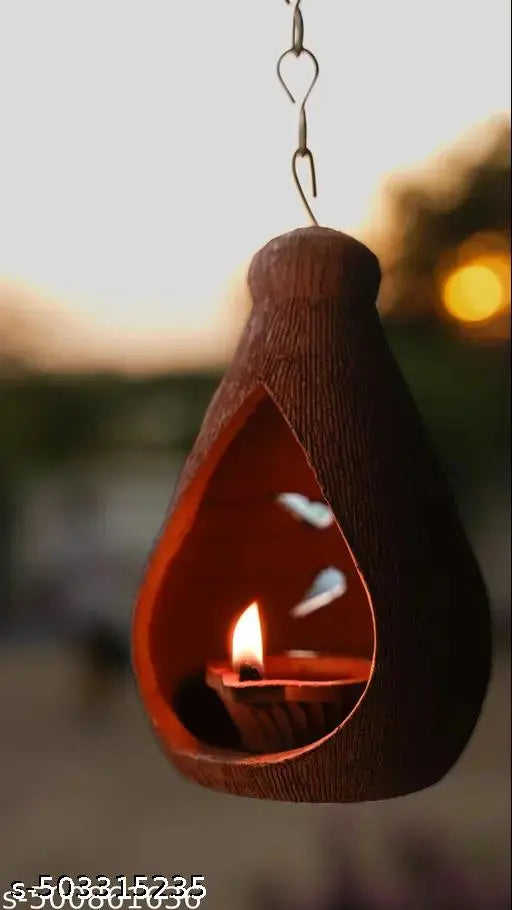 SBM Groups Terracotta Clay Oil Coconut Shape Lamp - |Clay Diya Pooja Lamp| |Oil Lamp with Cover| Hanging lamp with chain |Clay lamp for Pooja| -Inspired Decorative Light Fixture for Ambiance | |Mud Oil Lamp| (Pack of 1)