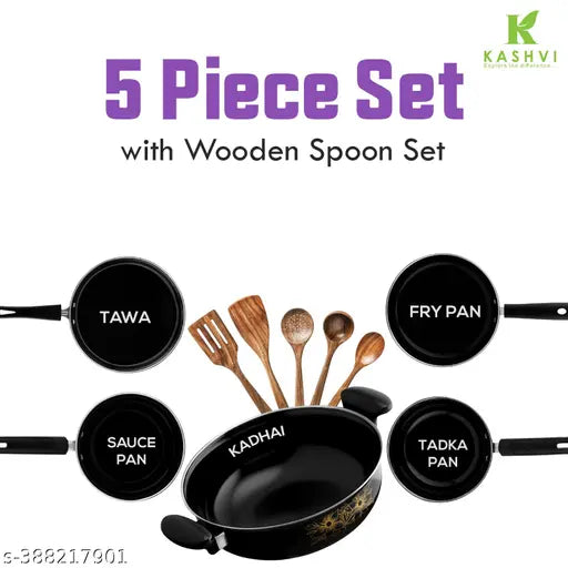Kishi  Non-stick Cast Iron Cookware Set of 5 | Perfect for Kitchen & Home| (Fry Pan 24 Cm/1.5 L, Kadhai 26 Cm/3.5 Litres with lid, Tawa 25 Cm, Sauce Pan 17cm/1.0 Litres, Tadka Pan 17cm/0.6 Litres) + Wooden Spatulla | Induction Base