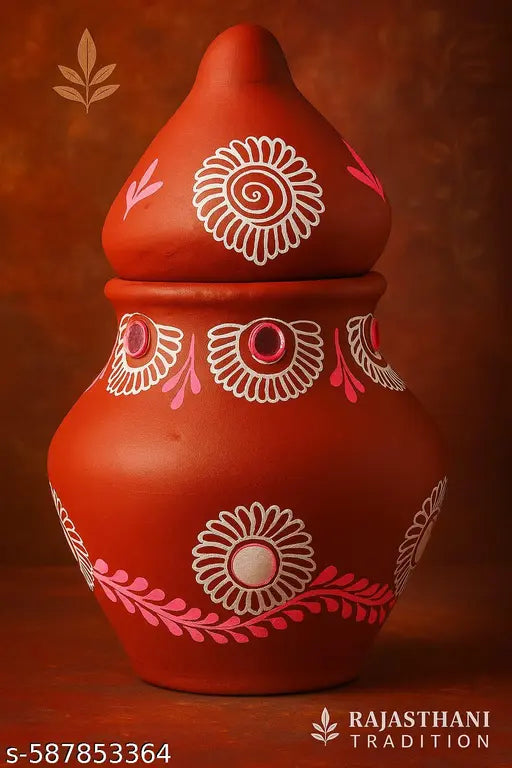 Decorative Terracotta Kalash with Lid, Hand-Painted Red Floral Design, Traditional Indian Pooja Matki