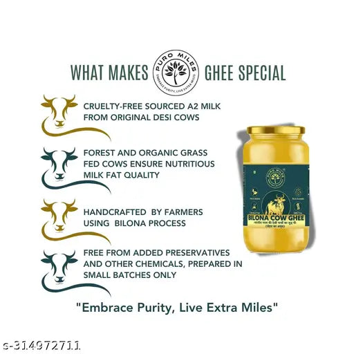 Puro Miles A2 Cow Ghee | Made with Desi Kankrej Cow's A2 Milk |Forest Fed ,Grass Fed Cows| Organic & Natural| Pack of 200mL glass Jar