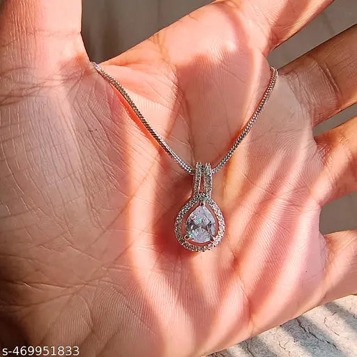 Silver-Plated White AD Pendant for Women | Zircon Diamond Necklace with Chain | Stylish Jewelry