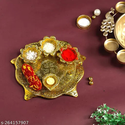 Puja thali big with 4 diya metal for puja and worship and Temple decoration Showpiece item, Home decoration, Room decoration, Temple decoration, Office decoration Gift item,