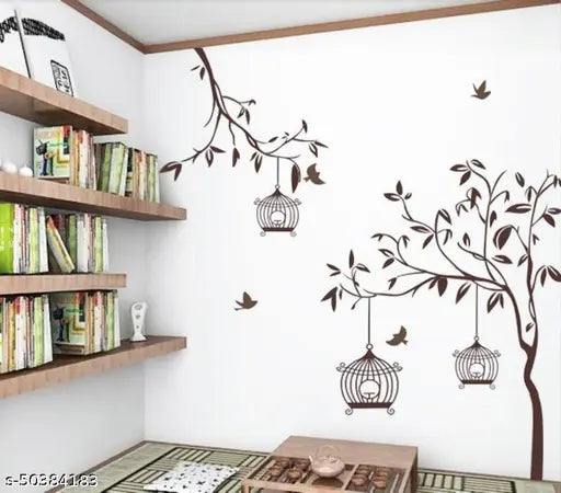 Ghar Kraft Set of 4 Wall Sticker Tribal Lady | Free Bird Cage Brown | Dream Girl | Dream Girl | Dream Girl | Love Birds With Hearts