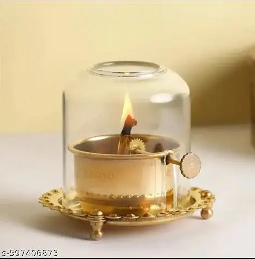 Premium Brass Oil Diya with Glass Cover | Antique Golden Pooja Lamp with Wick Adjuster | Decorative Akhand Jyot Diya for Mandir, Temple & Home Decoration