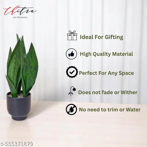 Chitra artworks Artificial Snake Plant with Decorative Pot | Realistic Faux Sansevieria for Home & Office Decor | Low Maintenance Indoor Plant | Lifelike Greenery for Tabletop, Shelf & Corner Display