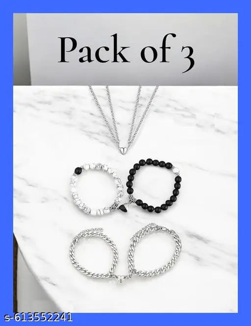 Pack of 3 Stylish Necklaces & Pendants ,Couple-Combo Matching Best Friend Relationship Natural Multi Layer Tiple Protection Stone Beads Bracelets.