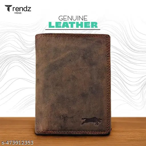 Trendz Firenze Vertical RFID Blocking Genuine Leather Wallet for Men Tall Brown Bifold Wallet with Coin Pocket Zipper ID Window & 9 Card Slots Slim Vintage Gents Wallet for Travel & Daily Use
