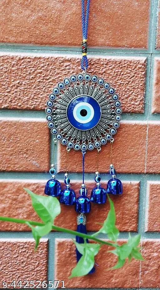 PAYSTORE 5 Bells Evil Eye Wind Chime Charm for Good Luck Positive Vibes and Prosperity at Home/Office/Work Place Nazar Battu Lucky Hanging Home Décor (Silver and Blue)
