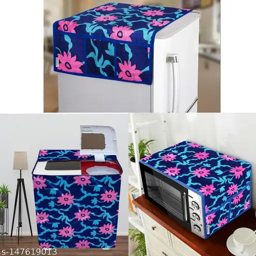 E-Retailer® Exclusive 3-Layered Polyester Combo Set of Appliances Cover (1 Pc. of Fridge Top Cover,  1 Pc. of Microwave Oven Top Cover and 1 Pc. Semi Automatic Washing Machine Cover) (Color-Pink, Design-Floral, Set Contains-3 Pcs.)