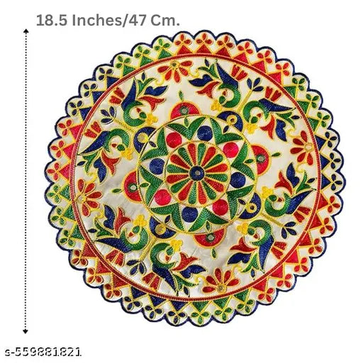Pack of 2 Multicolor Embroidered Round Pooja Chowki Rumal | Decorative Deity Base Cloth