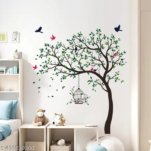Decal O Decal 175 cm Green And Blue Twin Colours Leaves Tree With Birds Cage Self Adhesive Wall Sticker