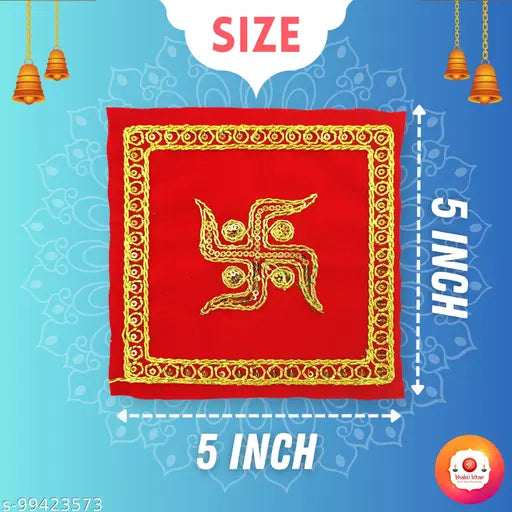 Bhakti Lehar ( 5 X 5  Inch) Small Size Embroidered Swastik Design Red Velvet Chowki Aasan Cloth for Home Mandir, Temple and God Idol Sitting - Pack of 8