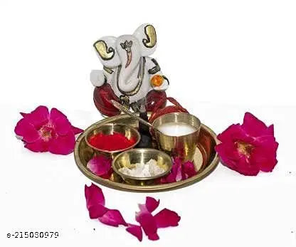 Thali Set with 2 katori,1 Glass,1 Spoon || Pooja Bhog Plate Set of 5 pcs for Temple and Home Decorative Diwali Gift Items, Golden