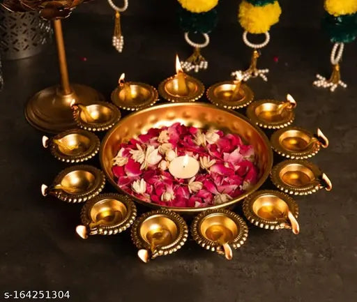 MAX MART Metal Decorative Urli Bowl for Floating Flowers and Tea Light Diyas Festival Decoration Home 10 inch Round Urli Golden