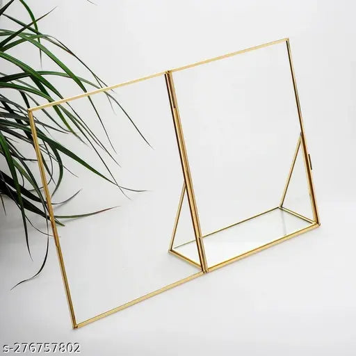 IAC Crafteriaaa Vintage Glass Stand Photo frame Home Decor Glass and Metal table top Picture Frame with 2 Sides Glass, with supporting Glass stand (20x15 cm, Golden), Tabletop