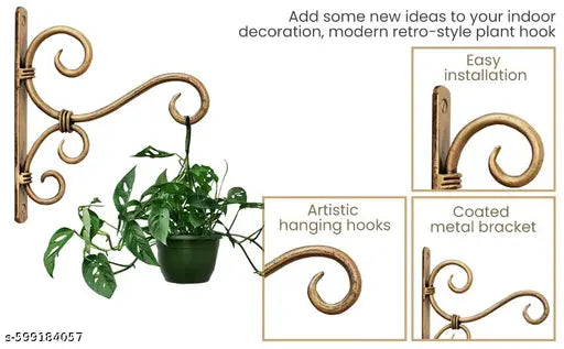 Antique Gold Finish Handcrafted Iron Wall-Mounted Hanger for Lantern, Diya, Bird Feeder, and Ornament String-Lights – 2-Piece Set