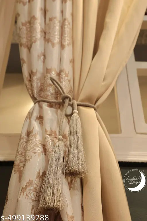 Lunar Days combo Blackout Beige 2 Pc and damask Beige 2 Pc Door Curtain 7 Feet Set of 4 Eyelet Printed Polyester Curtain for Living Room Beige