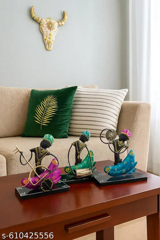 Handcrafted Colorful Metal Musician Figurine Set – Tribal Musician Home Décor Showpiece (Set of 3)