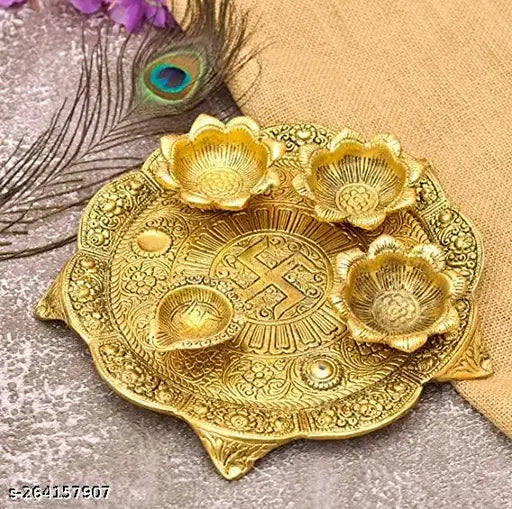 Puja thali big with 4 diya metal for puja and worship and Temple decoration Showpiece item, Home decoration, Room decoration, Temple decoration, Office decoration Gift item,