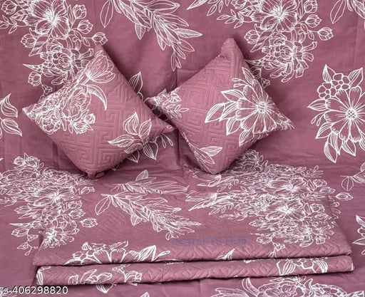 ST 5pc bedsheet set (1King size Bedsheet + 2 Pillow Covers (WITH ZIP)with Embroidery+ 2 Cushion Cover (WITH ZIP)with Embroidery with filler) Heavy Quality Multicolor QUILTED five piece set