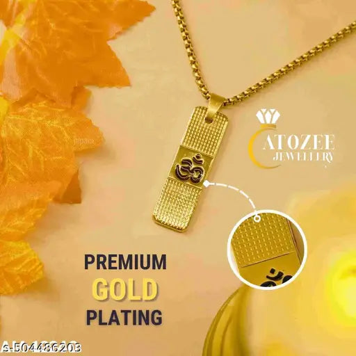 Gold-plated Om pendant necklace/Men's religious jewelry/Stylish Om locket for men/Hindu spiritual pendant/Trendy gold chain with pendant/Fashionable men's necklace/Devotional jewelry for men/Long chain Om necklace