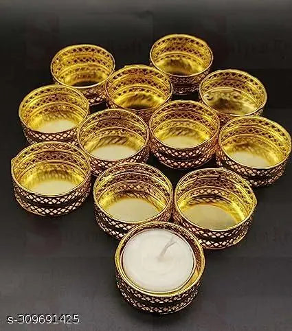12Pcs Metal Tealight Candle Holder Round Stands for Pooja thali, Diwali Rangoli puja Room Decor\, Events, Home, Living Room, office Table, Diwali Decoration Indoor Outdoor Events (Golden) Without Candle