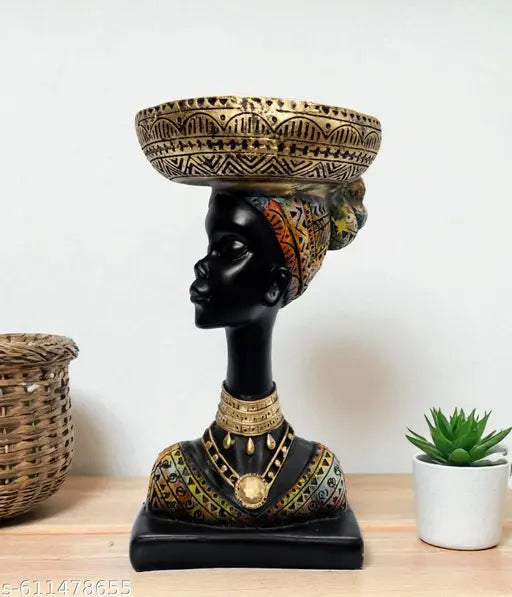 Decor Bazar™ African Lady Statue with Basket on Head | Decorative Organizer Showpiece for Tabletop, Home Decor, Living Room, Office & Gifting