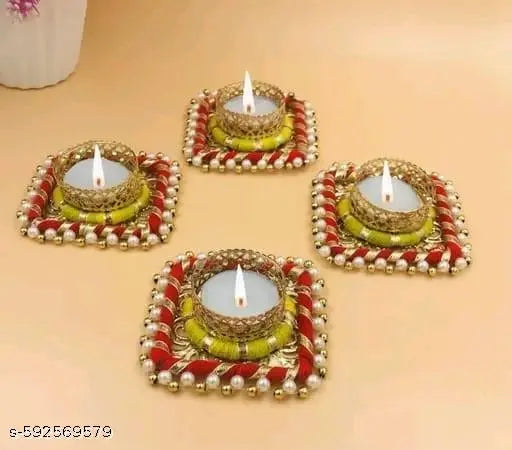 Handi craft Square shape (4 pcs Red & Yellow colore) Tealight candle Holders Diya For Diwali Decoration ;Home Decoretion