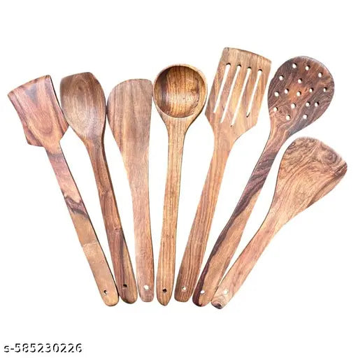 VIAPRADHAN Eco-Friendly Wooden Cooking Spoon Set, 7-Piece, Brown