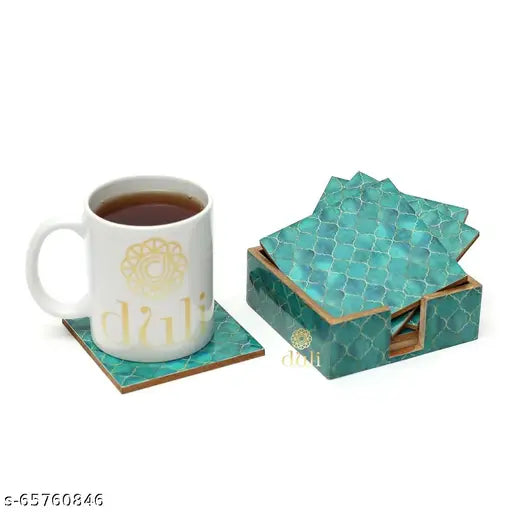 DULI Enamel Coasters for Tea Coffee & Dining Table| Set of 6 Coasters with Stand (TealDrops)