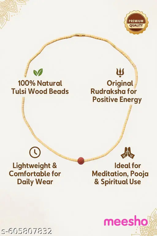 Tulsi Mala Combo Pack Of - 2 | Original Tulsi  Kanthi Mala with Rudraksha | Handmade Holy Wood Beads Chain for Men, Women & Kids | Brown Spiritual Tulasi Mala for Neck Wearing | Unisex Religious Beads Necklace for Puja, Meditation & Daily Wear