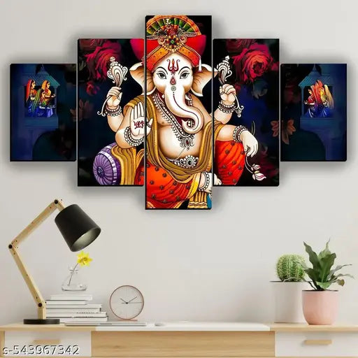 Spiritual Ganesh Home Decor Digital Reprint Painting 30x18 inches (5 Panel Painting)