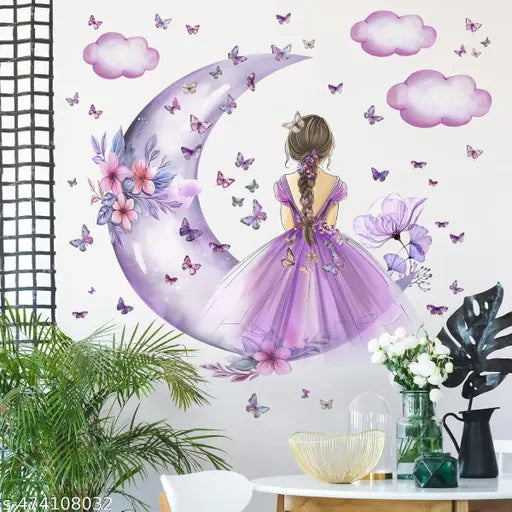Advait Design decorative cute girl on moon with butterfies wall stickers for living room, children room, nursery, playgroup