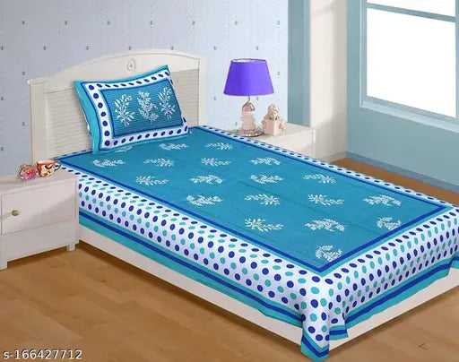 Cotton Floral Comfort Rajasthani Jaipuri Traditional Sanganeri Print 140 TC Cotton Single Size Bed Bedsheet with 1 Pillow Cover - (Blue)