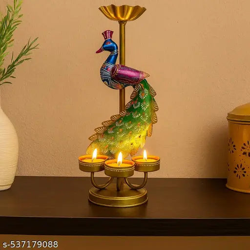 Handicraft Peacock T light Handcrafted Metal Peacock Candle Holder – Decorative Tealight Stand with Colorful Design | Indian Art Decor | Hand-Painted Peacock Sculpture | Vibrant Candle Stand | Ethnic Table Decor | Rustic Home Decoration | Traditional Indi