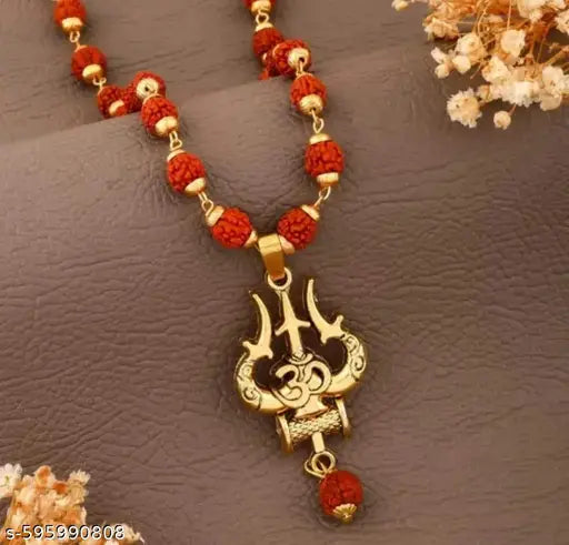 Golden Plated Rudraksha Mala with Trishul Pendant | Lord Shiva Cap Rudraksha Necklace for Men & Boys | Spiritual & Traditional Mala