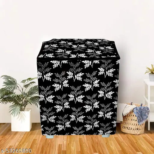 Groki Knit Printed Semi-Automatic Washing Machine Cover & Fridge Top Cover, Microwave-Oven Top Cover Combo (Black_Groki_Semi_MFW_8)