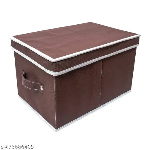 Solid Non-Woven Rectangular Foldable Storage Box/Bin Multi-Utility Wardrobe Organizer with Lid & Handles, Extra Large For Kids, Books, Magazines, Clothes (Brown, Set of 1)