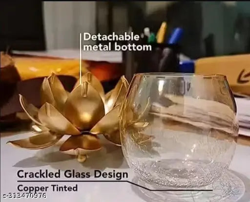 New Elegent Craft Metal Lotus Flower Shape Candle Tealight Holder with Crackled Glass Cup Candle Holder Set | Diwali Candle Lights Holder Candlestick Stand for Home Decor, Christmas, Party, Decoration | Perfect Gift For Birthday, Festive | Table Centerpie