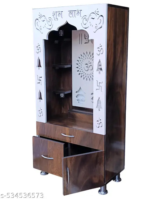Woodaari Premium Brown Wooden Home Temple with LED Inbuilt Light