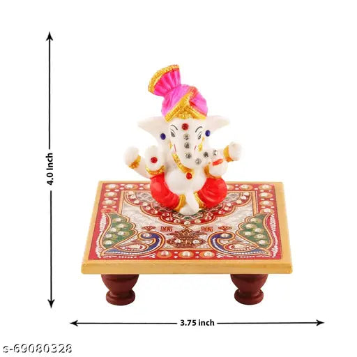 Marble Ganesh Ji Idol with Marble Chowki Design for Home Temple, Office Desk, Car Dashboard, Mandir Pooja Room & Auspicious Gift