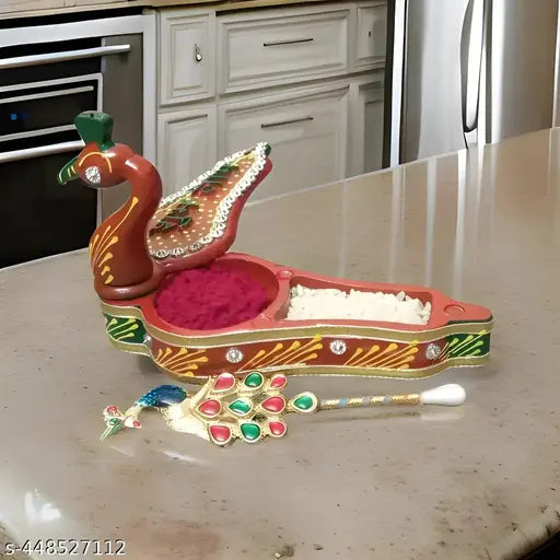 Ash Wood Tika Chopra in Peacock Shape Meenakari Work Kumkum Box With Shubh Labh Written On The Top Middle With Free Peacock Shape Multicolour Tilak Stick
