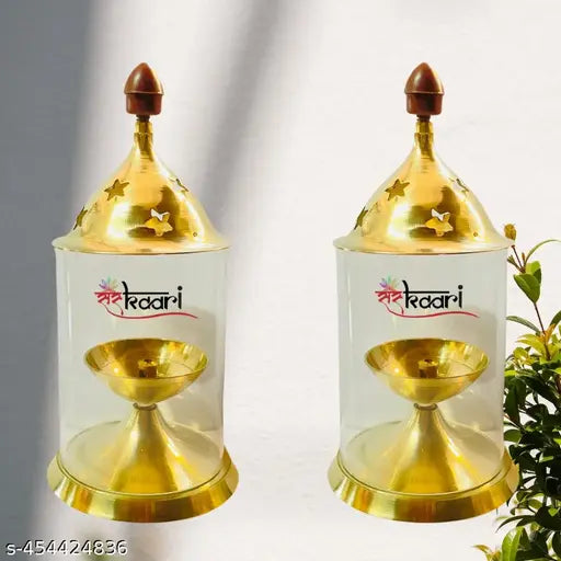 SANSKAARI Diya with Borosilicate Glass Diya Decorative Brass & Glass Oil Lamp Tea Light Holder Lantern, Cylinderical Borosilicate Glass Glass Gold Akhand Diya Big Oil Puja Lamp Akhand Diya Decorative Brass & Glass Oil Lamp Lantern, Glass diya  (Gold and W