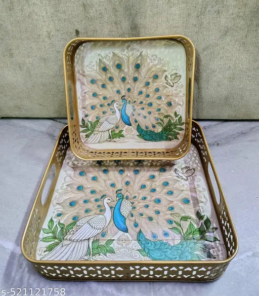 Handcrafted metal Trays || set of 2 || Serving Trays || pecock couple, loving gifting, dining || Elite Trays, new article, exclusive handicrafts, metal trays