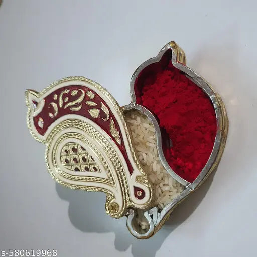 Tika Chopra in sparrow Shape Minakari Work/Kumkum Box (Red) Pack Of 1 for Gift and Pooja ROLI & RICE BOX / ROLI AKSHAT BOX/ SINDOOR DIBBI (GOLDEN FINISH) Puja Articles