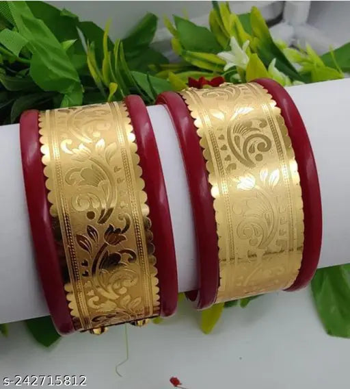Gold Plated Maroon Stone Chuda Chura Bangle Set Indian Traditional Bridal Jewellery for Women Girls