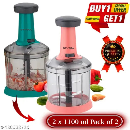 Stysol 650ML + 1100ML Combo of Standard Handy Pro Push Chopper (1100 ml) and Compact Chopper Cutter Mixer (650 ml) with Stainless Steel Blades and Whisker Blade for effortlessly Choing Vegetables Fruits for Your Kitchen (Value Pack) (PACK OF 2) Manual Cho